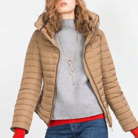 Zara Tan Quilted Puffer Jacket Faux Fur Hood Size L - Picture 2 of 9